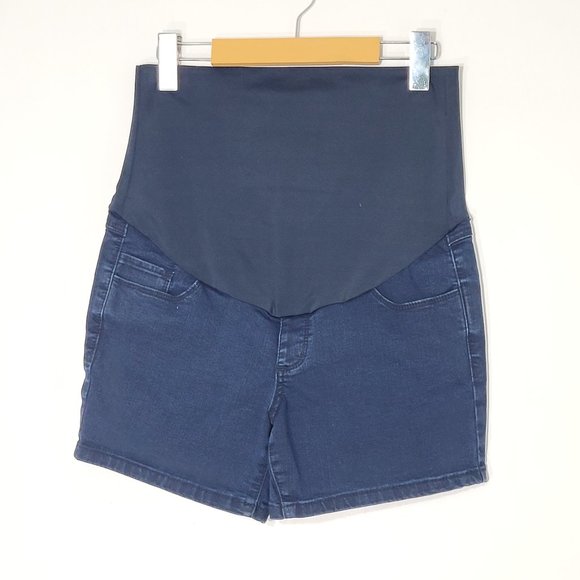 Thyme Maternity Full Panel Slim Denim Blue Shorts Dark Wash Pregnancy Motherhood - Picture 1 of 12